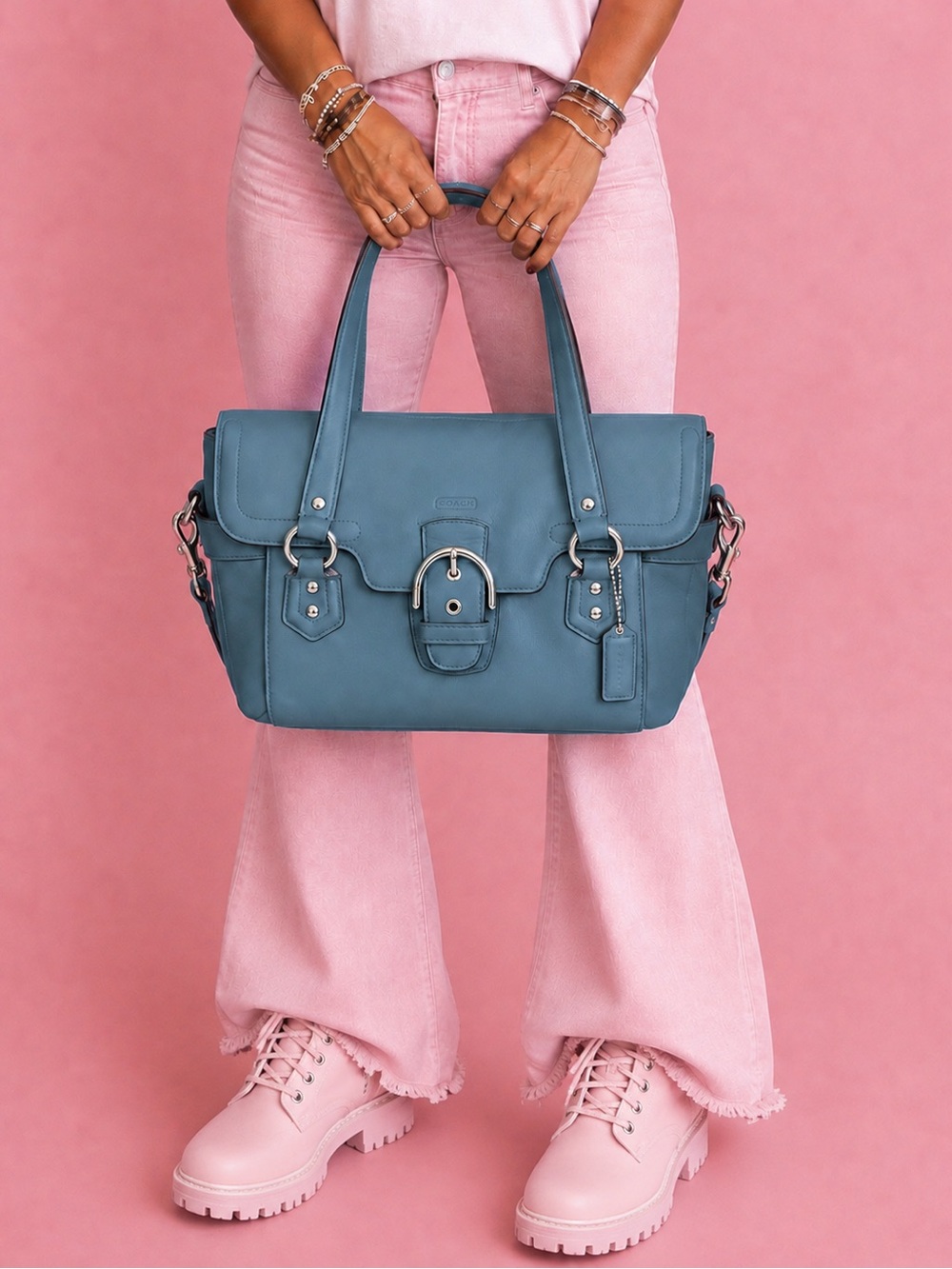 Coach Campbell Leather Flap F27231 Mineral Teal Blue Crossbody Satchet Y2K